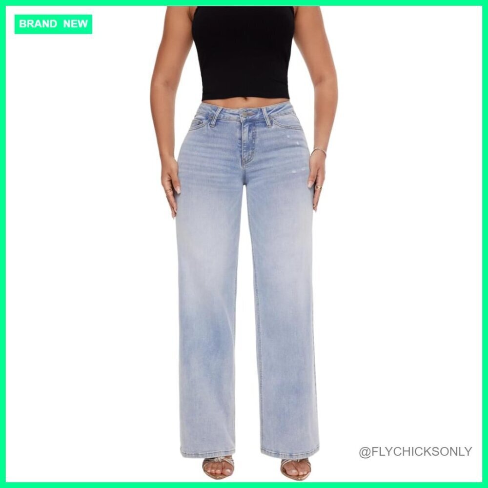 Stretchy Wide Leg Baggy Jeans Mid-Low Rise Boyfriend Fit Distressed Denim